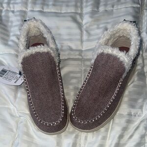 Hey Dude Women's Brown Herringbone Slippers with Faux Fur